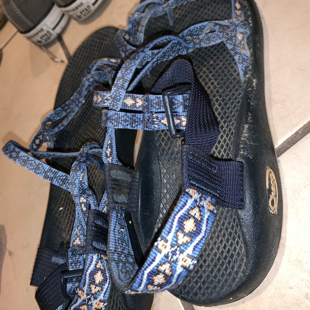 Blue and orange chacos